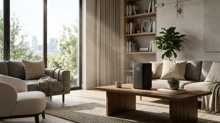 Capteur de qualité de l'air design posé sur une table dans un salon moderne et lumineux