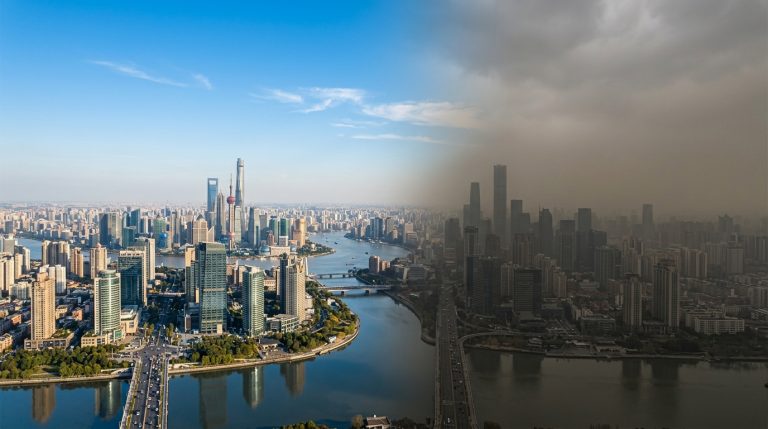 Contraste entre un ciel pur et une ville polluée par le smog