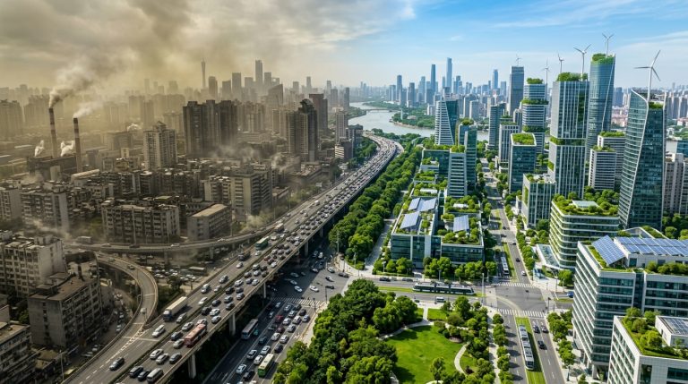 Contraste entre une ville polluée par le smog et une métropole écologique à l'air pur
