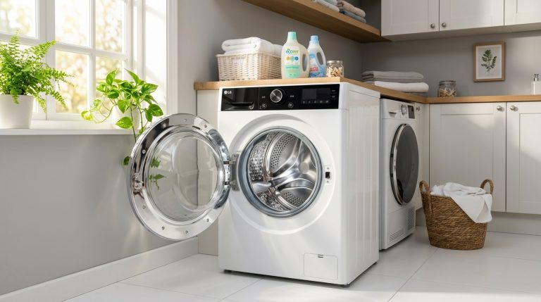 Machine à laver moderne et propre dans une buanderie lumineuse