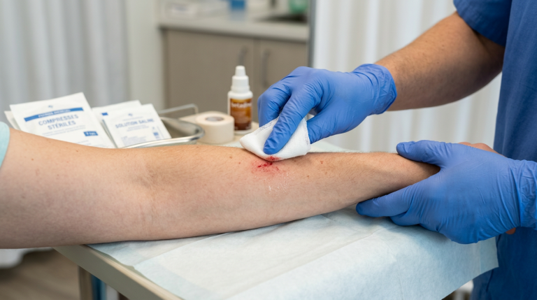 Nettoyage professionnel d'une plaie avec des gants médicaux