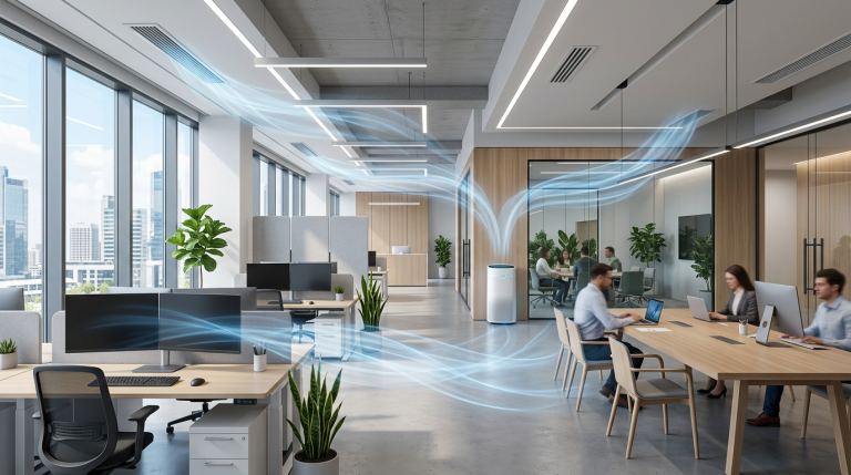 Espace de bureau moderne avec purificateur d'air haute technologie