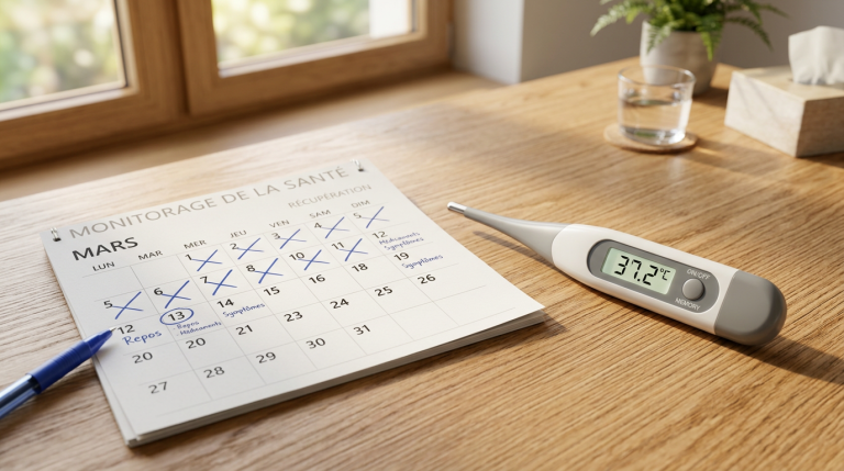 Calendrier et thermomètre symbolisant la durée du covid et le rétablissement