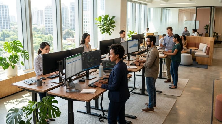 Espace de travail moderne et ergonomique illustrant l'efficience santé au travail