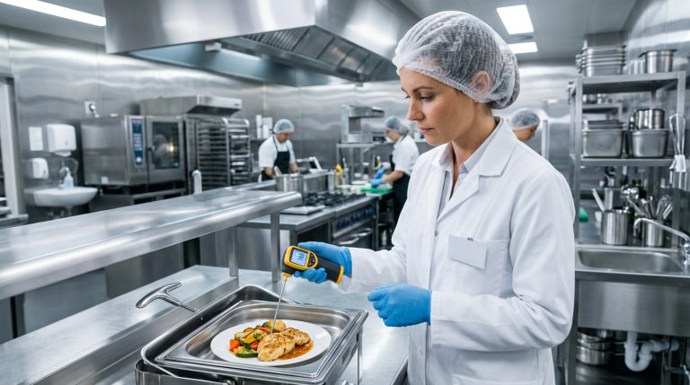 Inspecteur de la sécurité alimentaire vérifiant la température dans une cuisine professionnelle