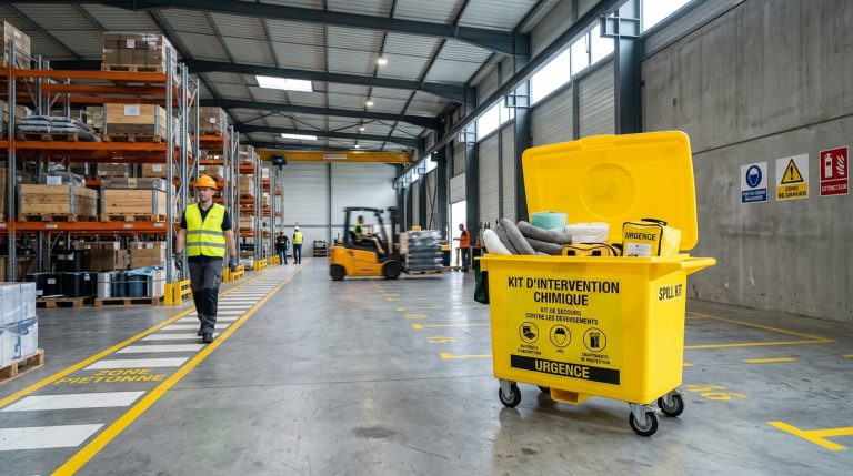 Kit anti-pollution jaune dans un entrepôt industriel moderne