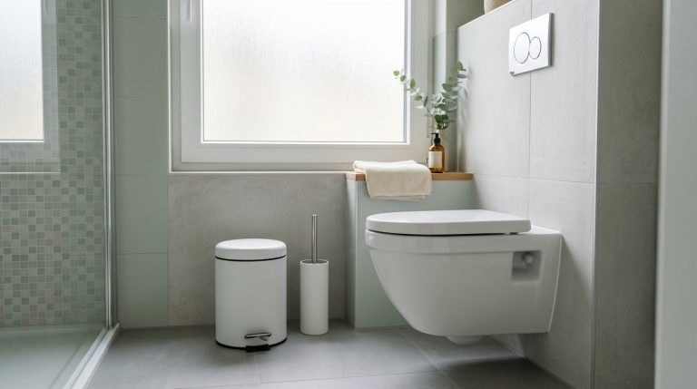 Une poubelle à pédale moderne dans une salle de bain propre et lumineuse