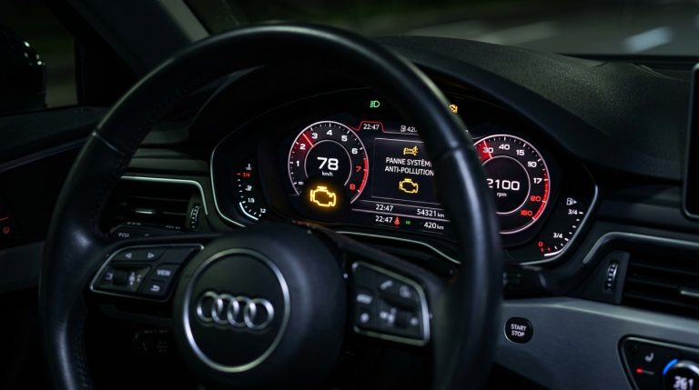 Voyant lumineux de système antipollution défaillant sur le tableau de bord d'une voiture