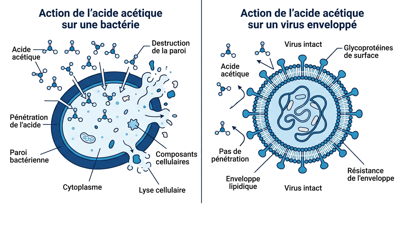 Schéma scientifique montrant l'action du vinaigre sur les bactéries et son inefficacité sur les virus