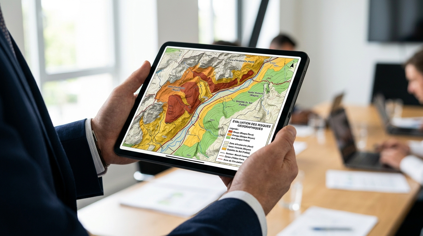 Carte topographique des zones à risques sur une tablette