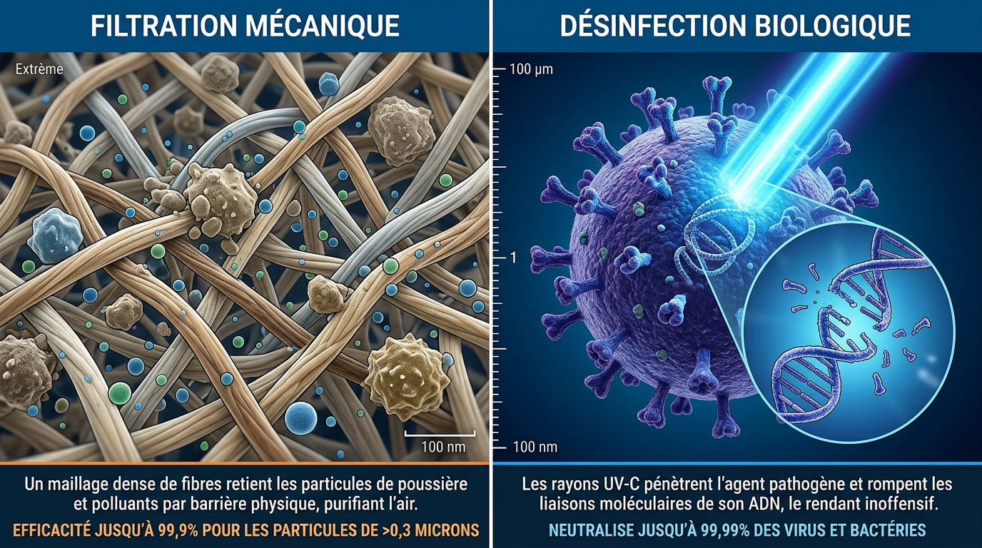 Schéma comparatif filtration mécanique vs désinfection biologique UV-C