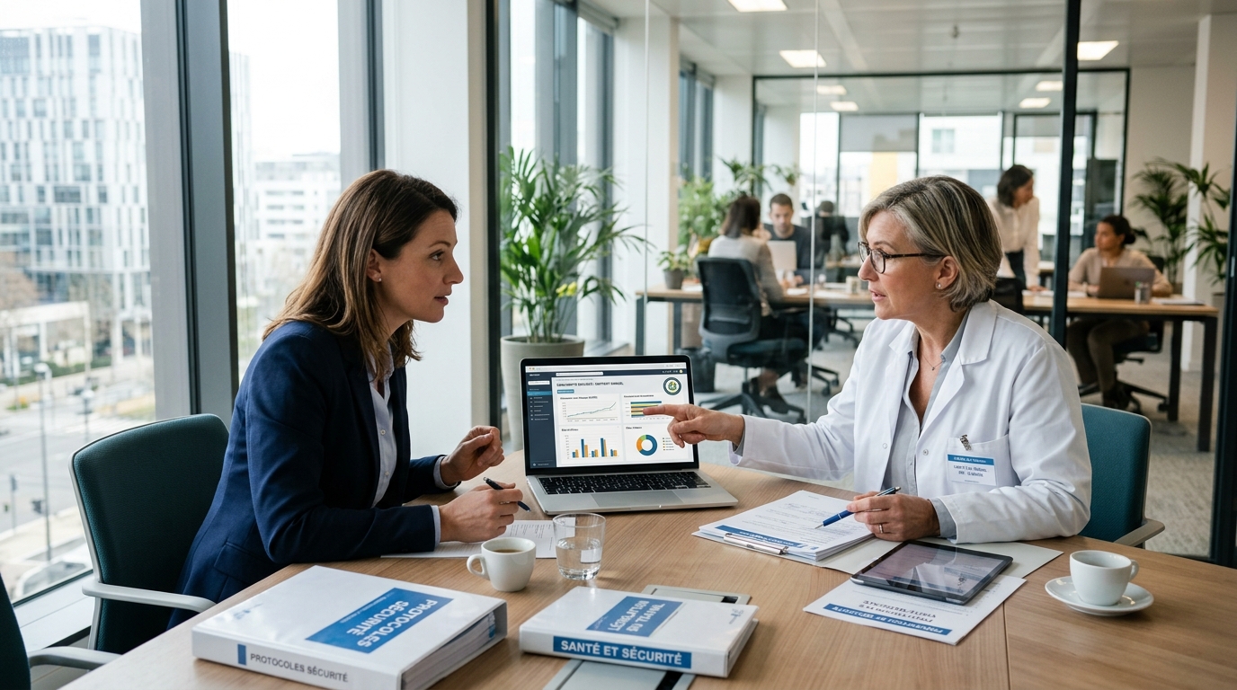 Réunion entre un employeur et un médecin du travail pour la prévention des risques