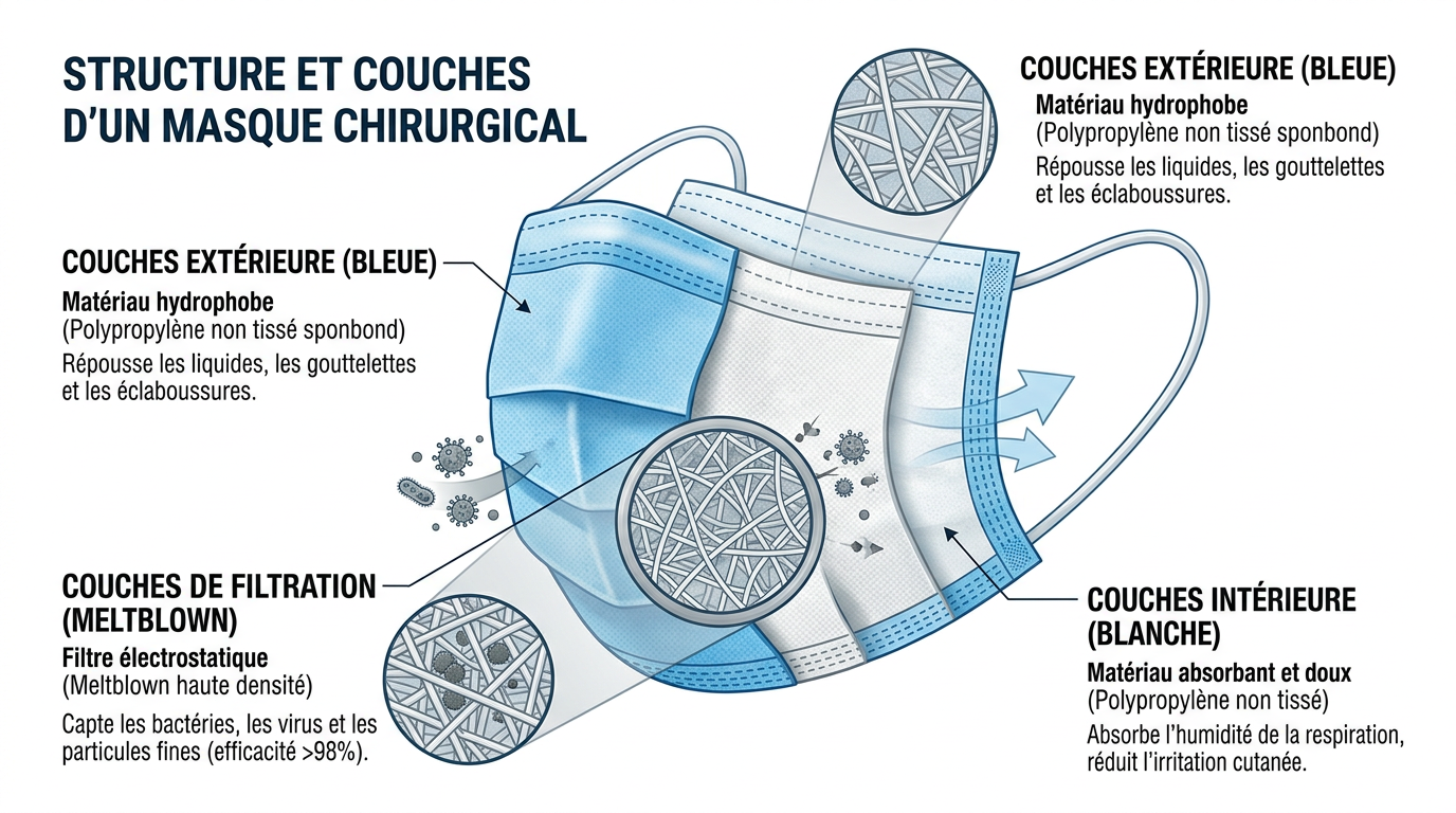 Schéma des couches de filtration d'un masque chirurgical Type IIR
