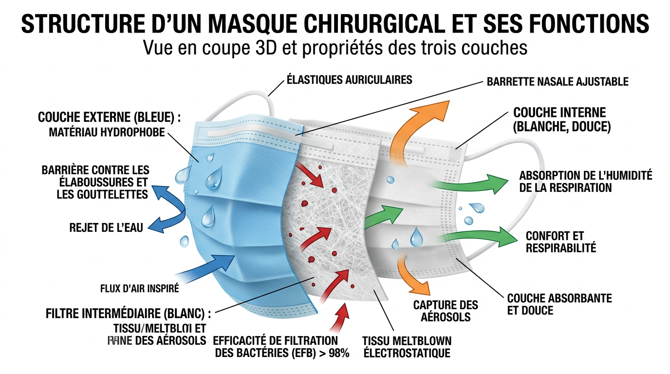 Schéma en coupe des trois couches d'un masque chirurgical