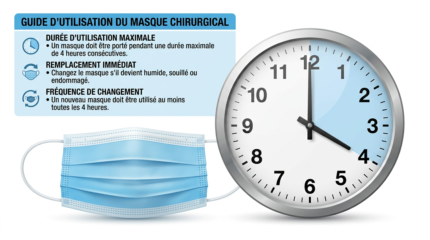 Illustration masque chirurgical et horloge indiquant 4 heures
