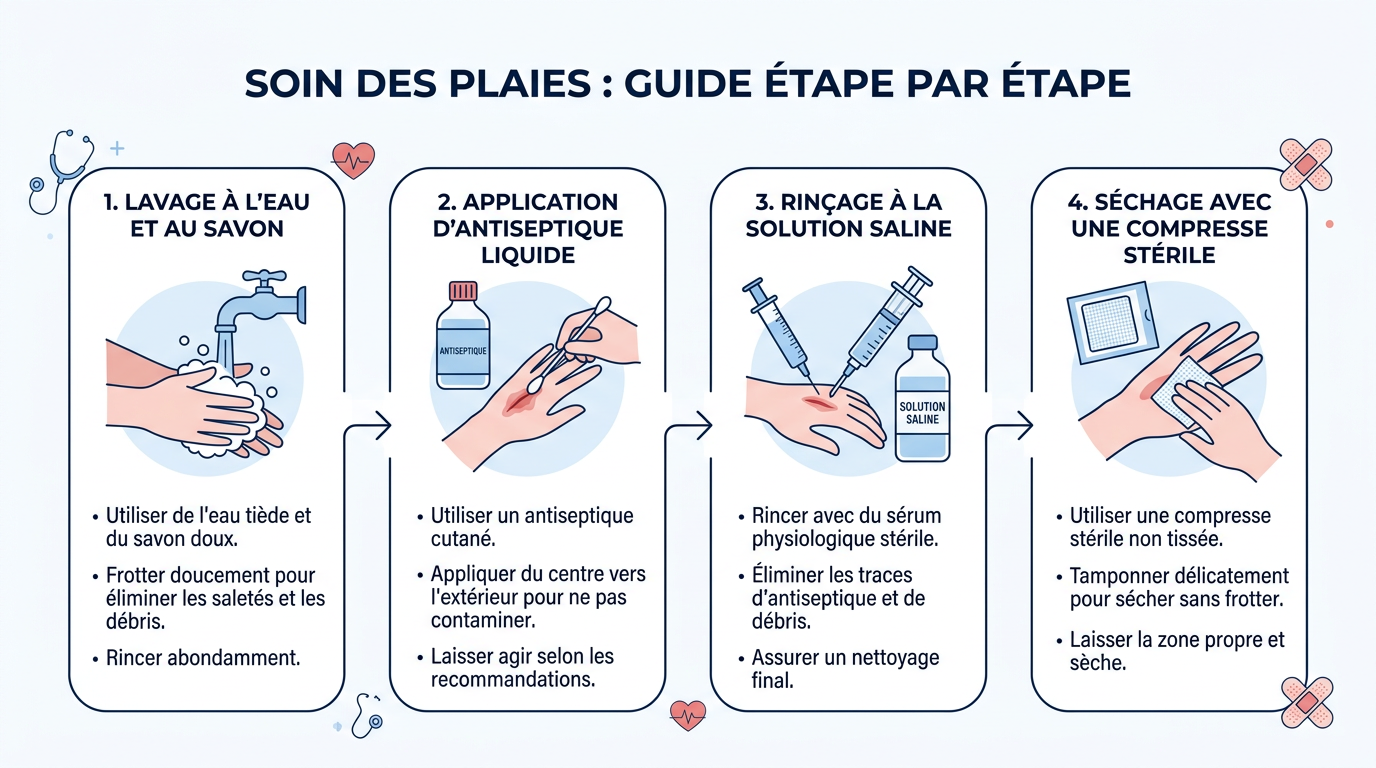Infographie des 4 étapes du protocole de désinfection d'une plaie