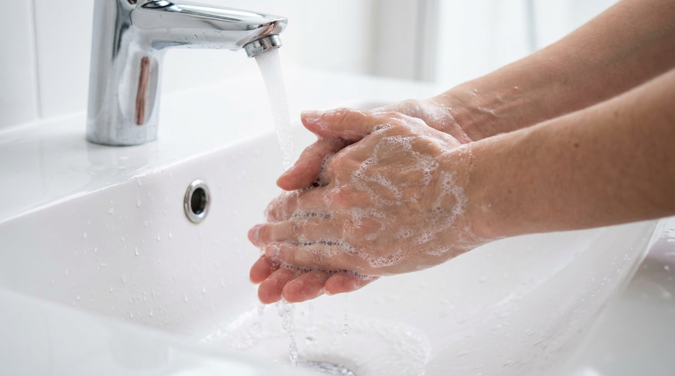 Lavage des mains minutieux au savon avant de manipuler un masque