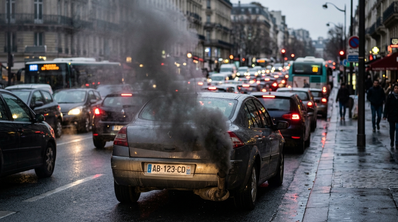 Pot d'échappement de voiture émettant des gaz polluants en ville