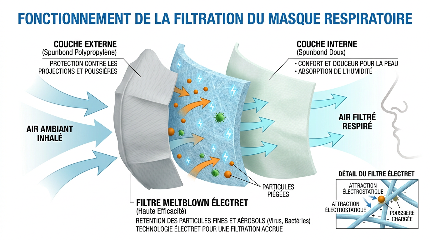 Schéma coupe transversale couches filtration masque respiratoire