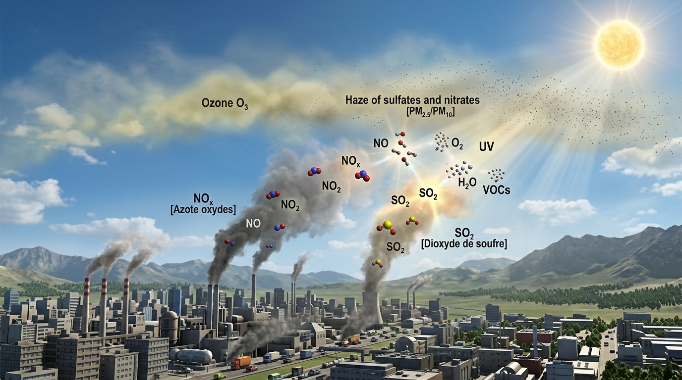 Schéma 3D de la formation des polluants primaires et secondaires dans l'atmosphère