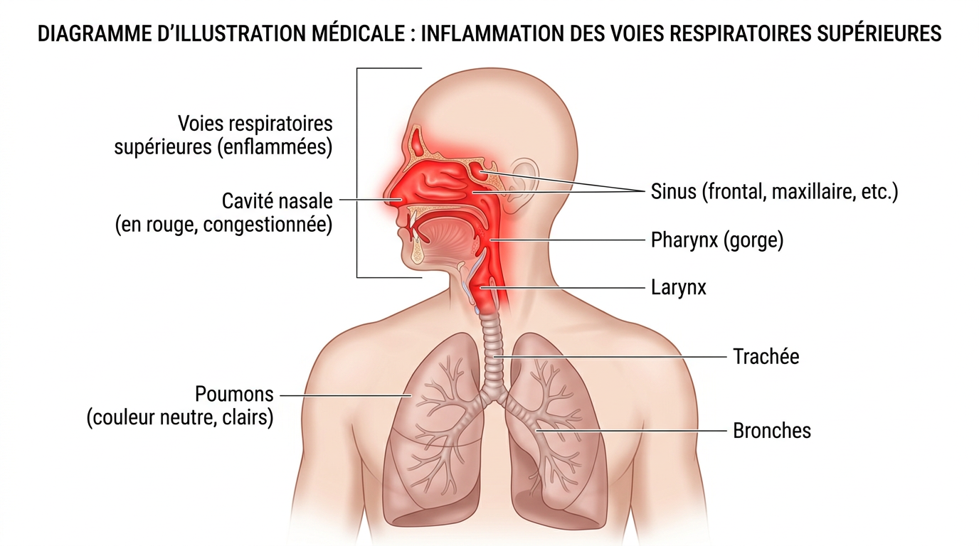 Schéma médical montrant l'inflammation de la zone ORL par le Covid