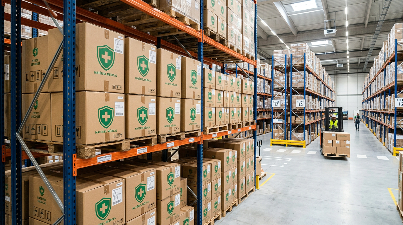 Entrepôt logistique moderne avec stock de matériel médical et masques