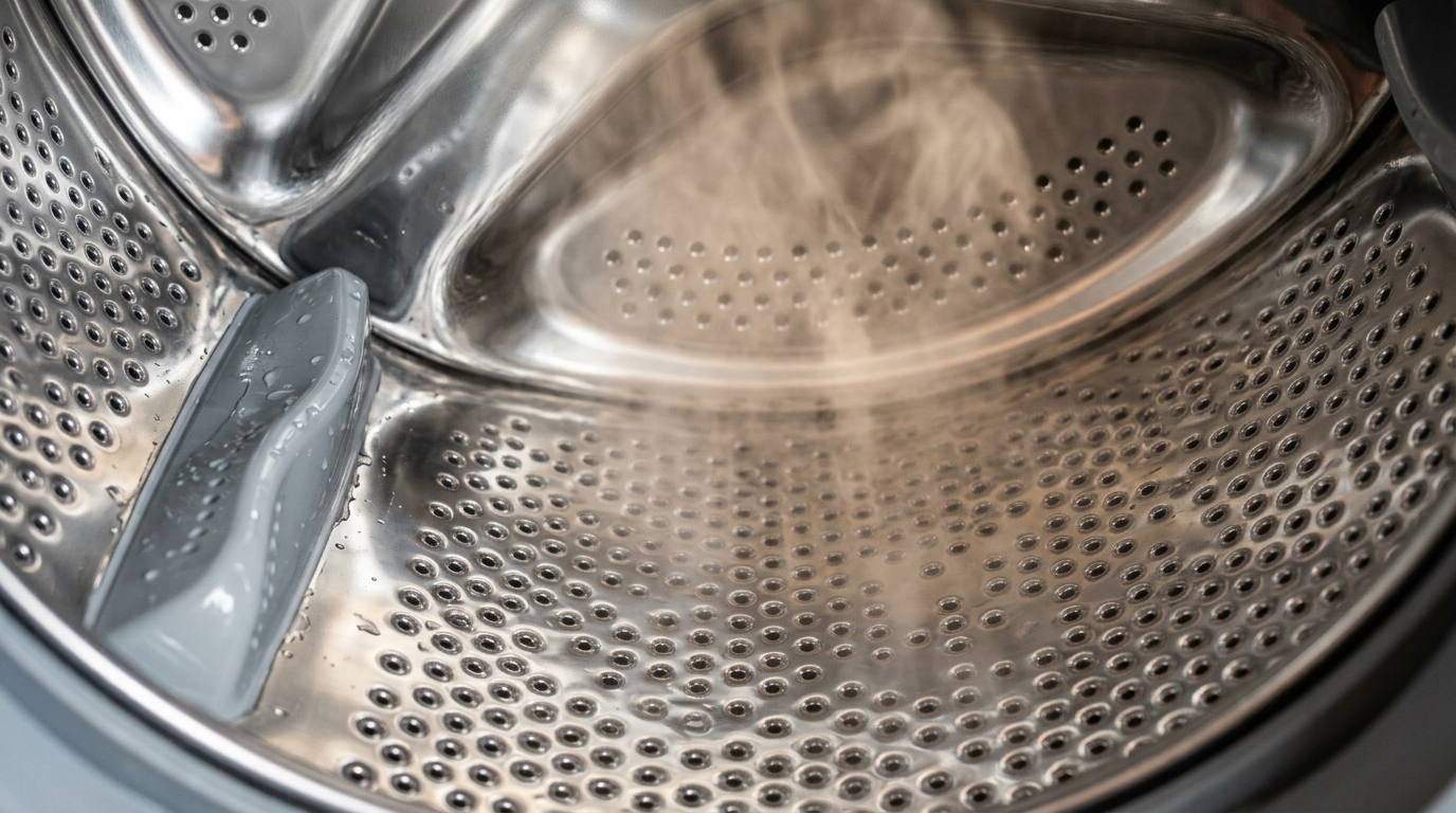 Tambour de machine à laver en acier inoxydable brillant avec de la vapeur