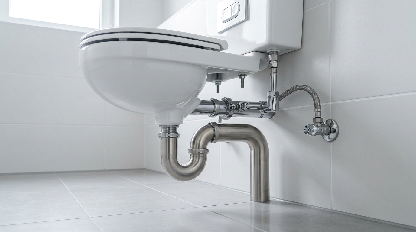 Canalisations de plomberie sous des toilettes modernes