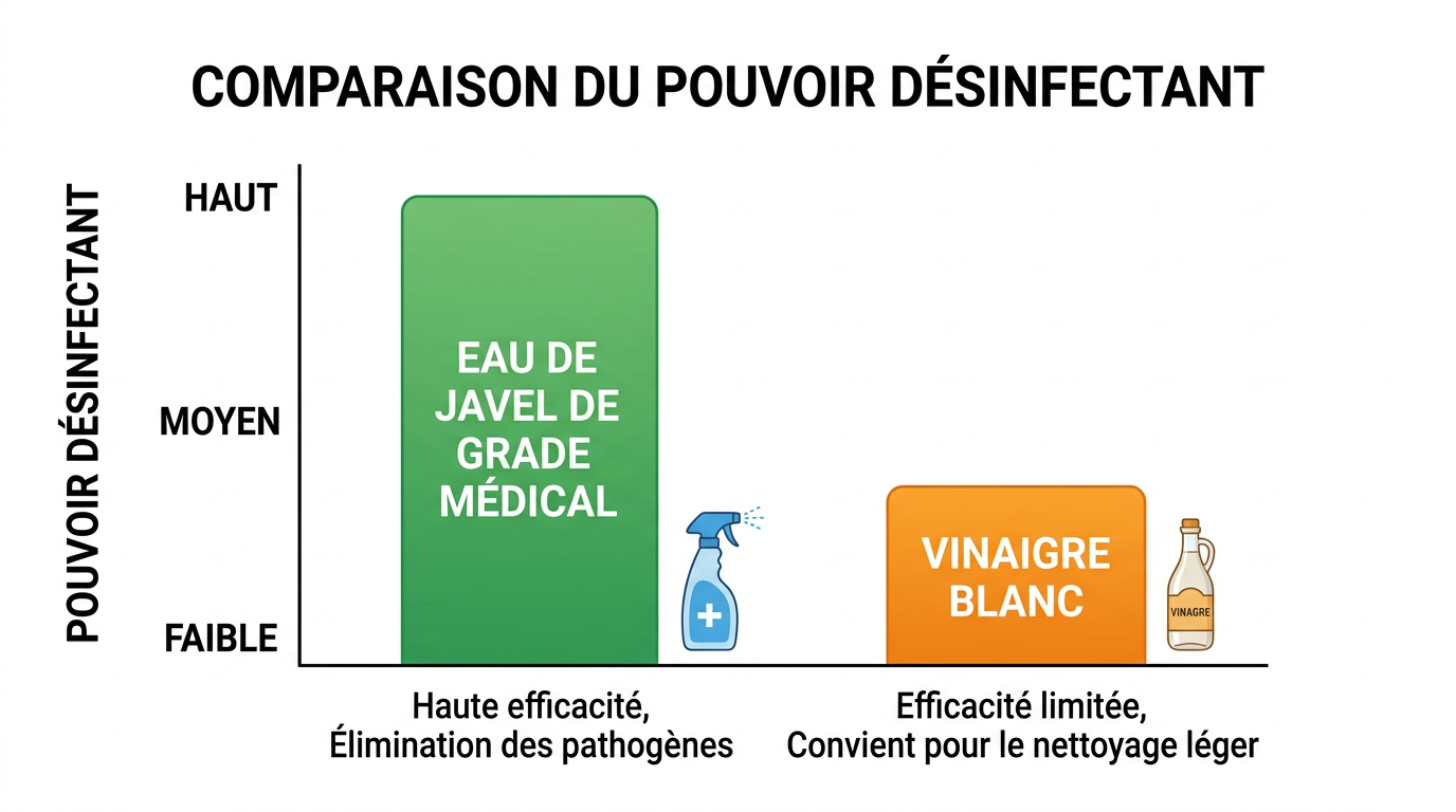 Graphique comparant le pouvoir désinfectant du vinaigre blanc et de l'eau de Javel
