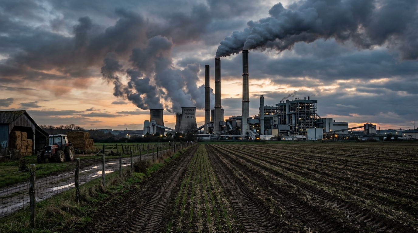 Cheminées d'usine rejetant de la fumée toxique dans l'atmosphère au-dessus des champs