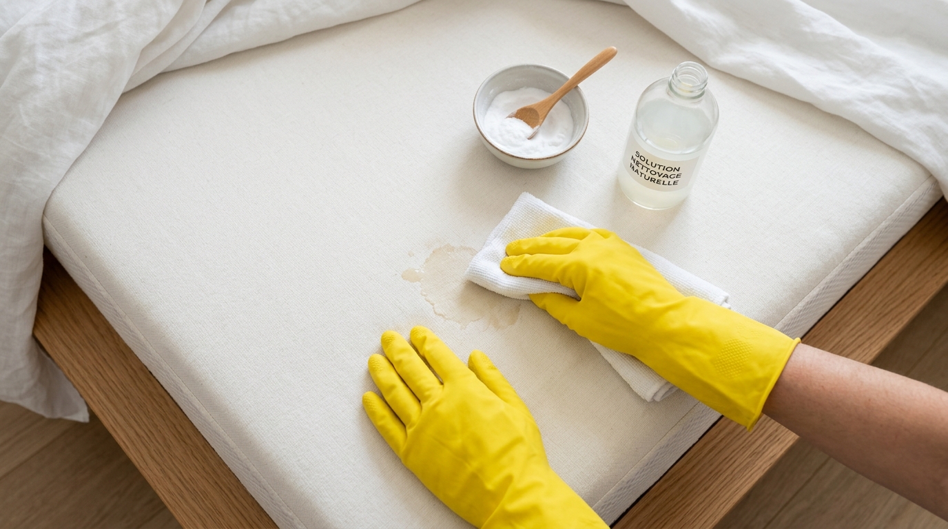 Nettoyage localisé d'une tache sur un matelas avec une éponge et des gants