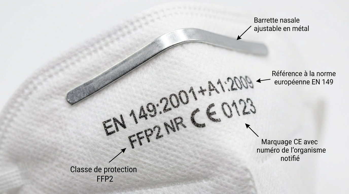 Détail du marquage EN 149 et de la barrette nasale sur un masque FFP2