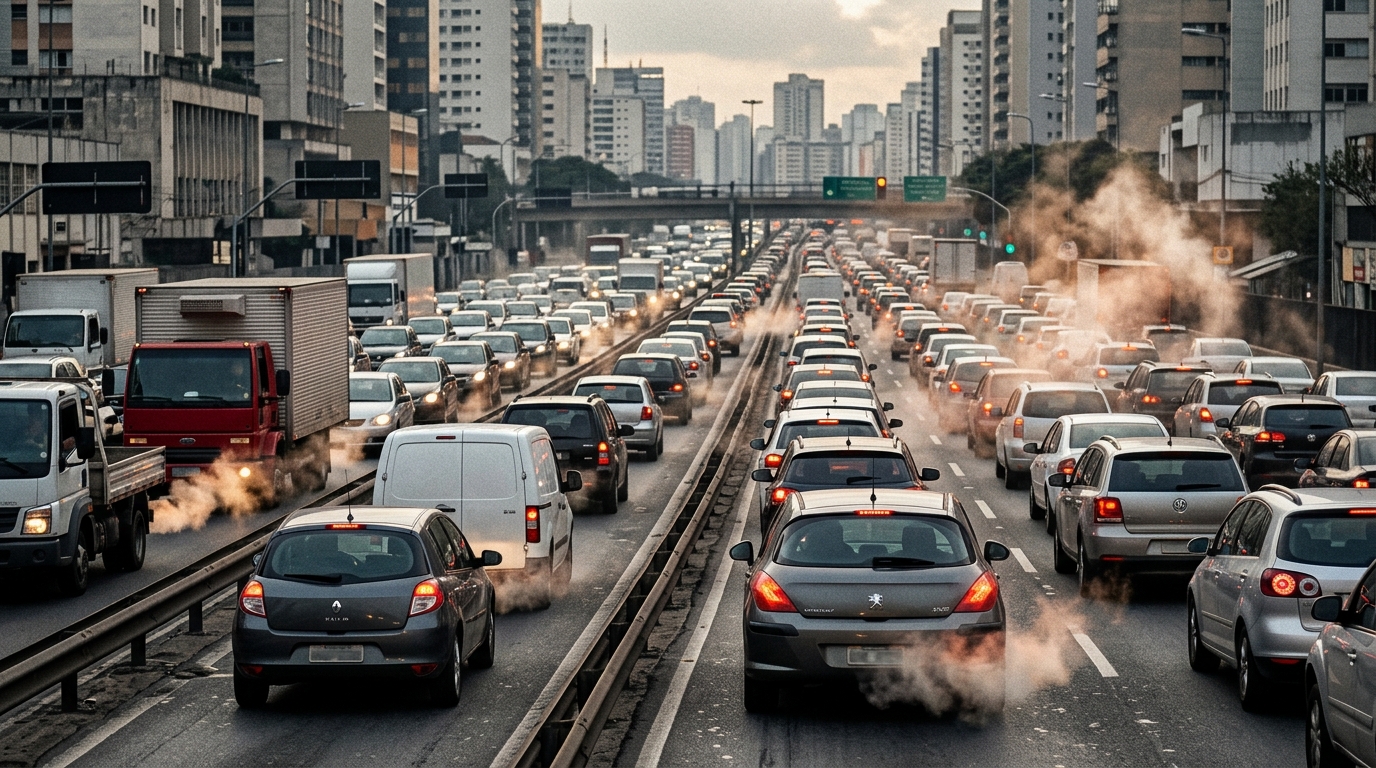 Trafic routier dense émettant des particules fines et des oxydes d'azote visibles