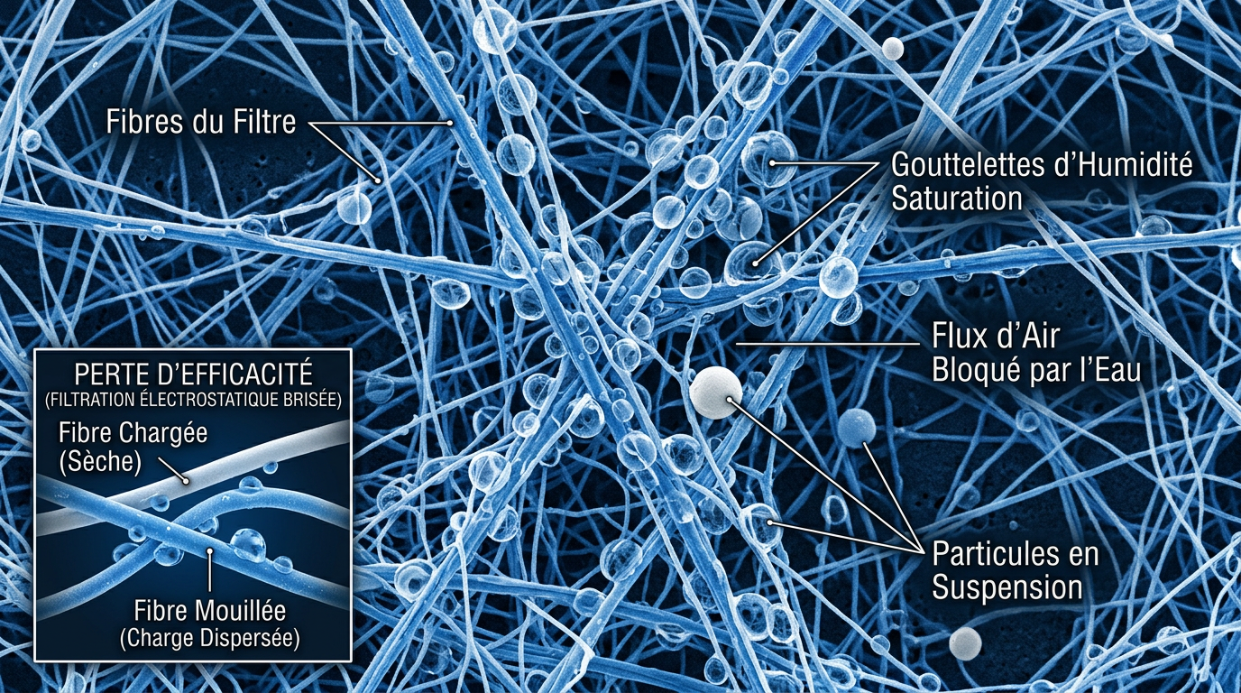 Vue microscopique fibres masque saturées humidité
