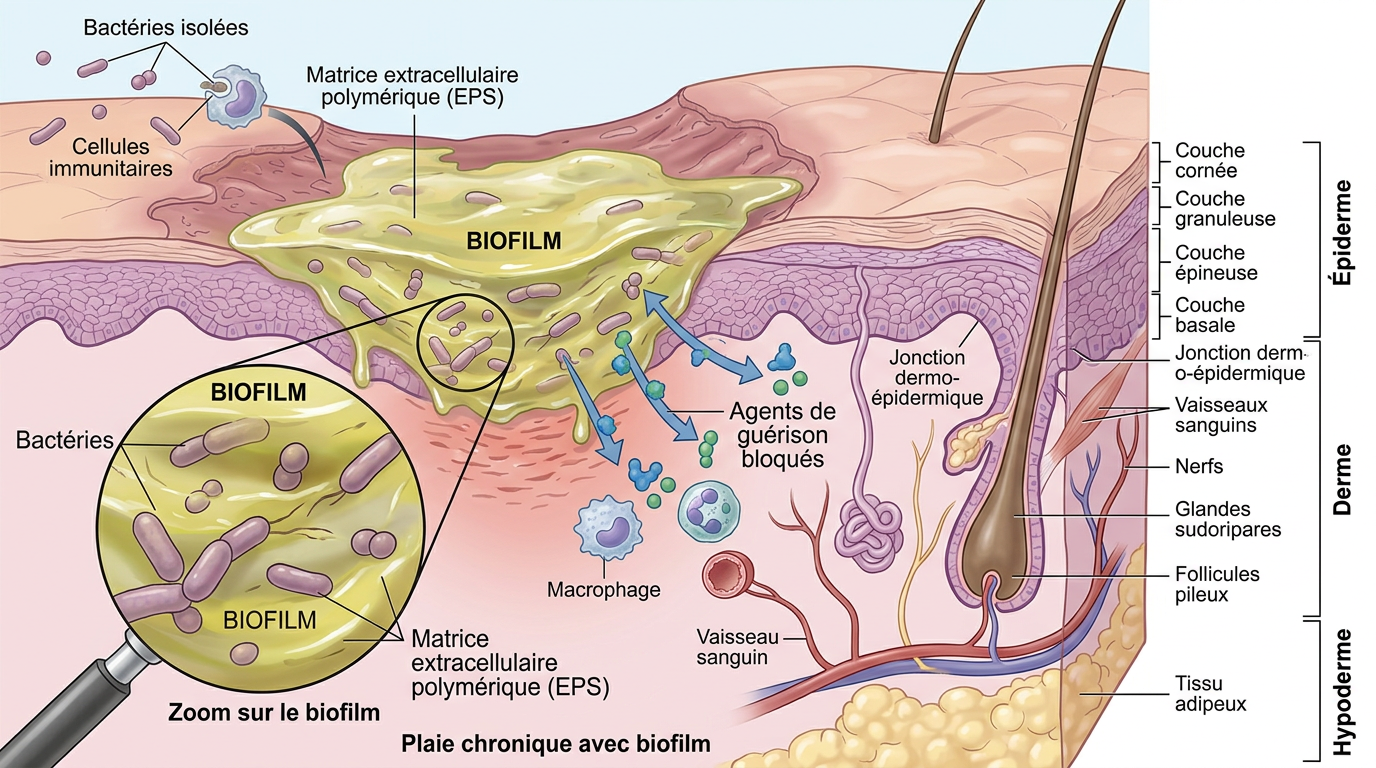 Schéma microscopique du biofilm bactérien bloquant la cicatrisation