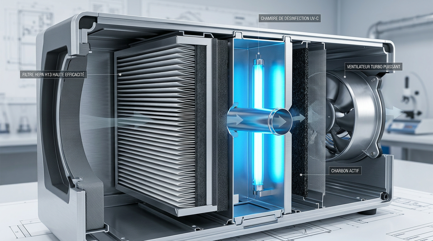 Vue en coupe technique purificateur air HEPA et lampe UV-C