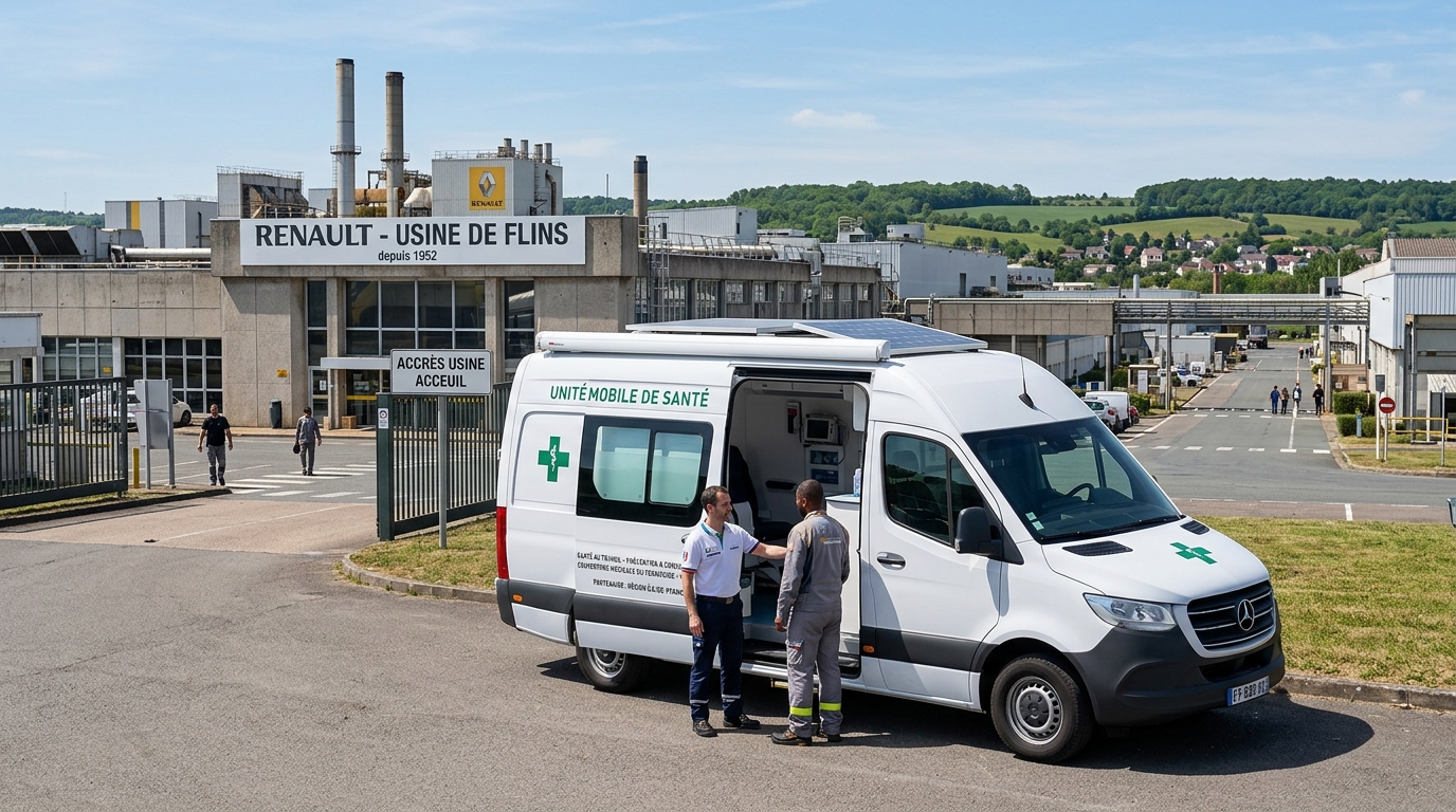 Unité mobile de prévention médicale garée devant une usine sarthoise