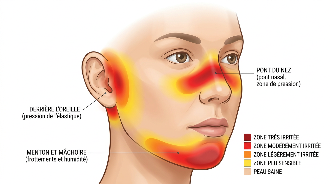 Cartographie zones visage irritation masque chirurgical