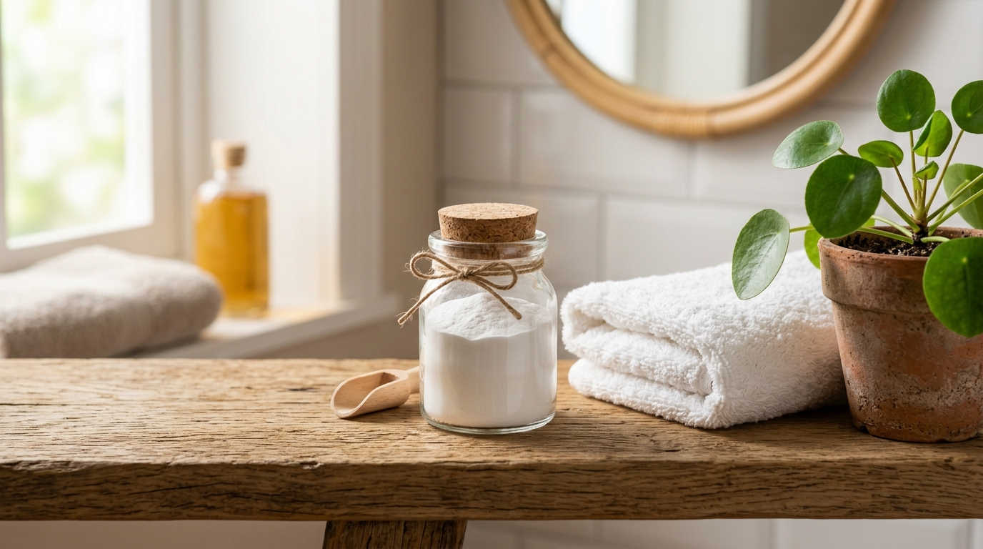 Bocal de bicarbonate de soude sur une étagère en bois dans une salle de bain