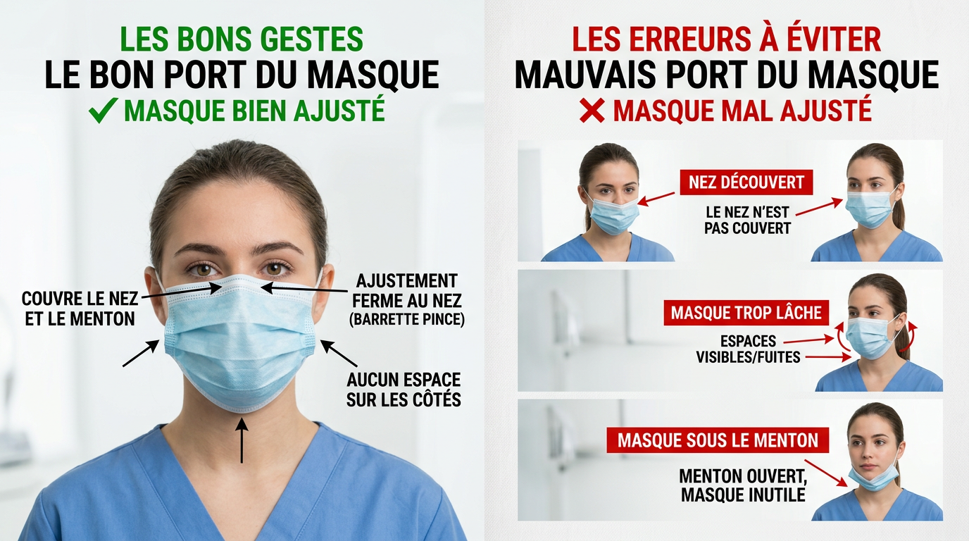 Comparaison bon et mauvais ajustement du masque chirurgical