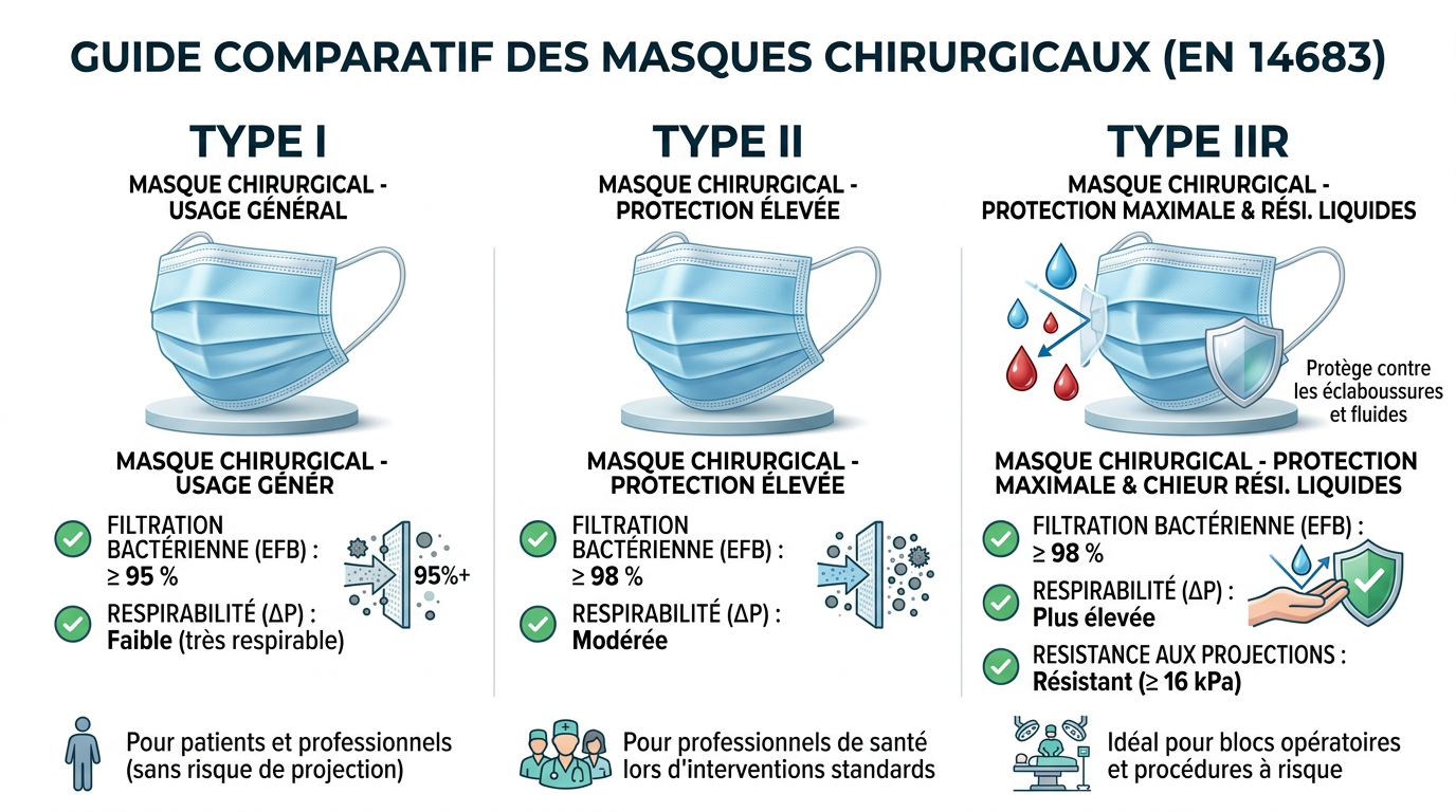 Comparaison types masques chirurgicaux I II et IIR