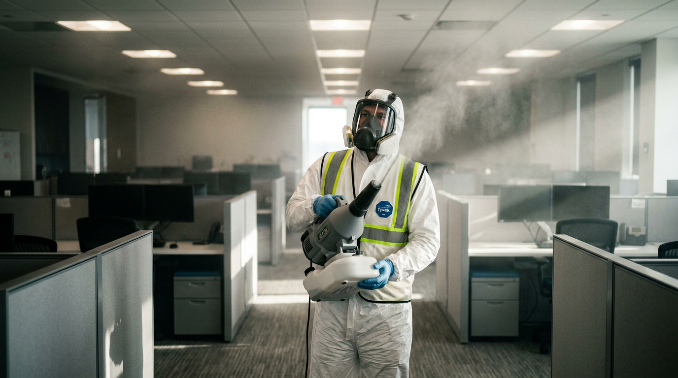 Professionnel en combinaison effectuant une désinfection par nébulisation