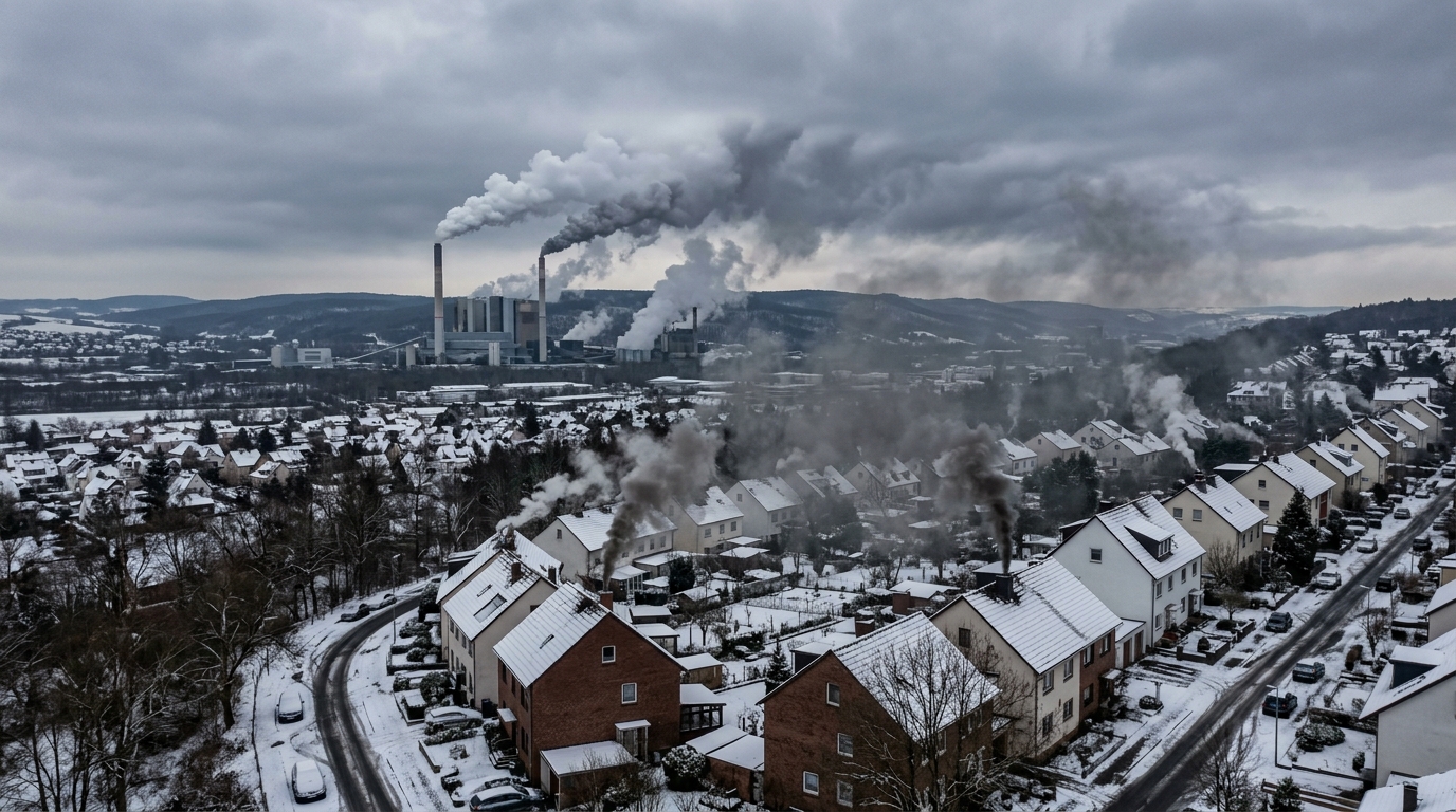 Usines industrielles et cheminées résidentielles émettant de la fumée en hiver