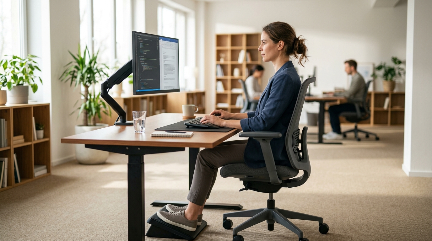 Employé travaillant avec une posture parfaite sur un poste ergonomique