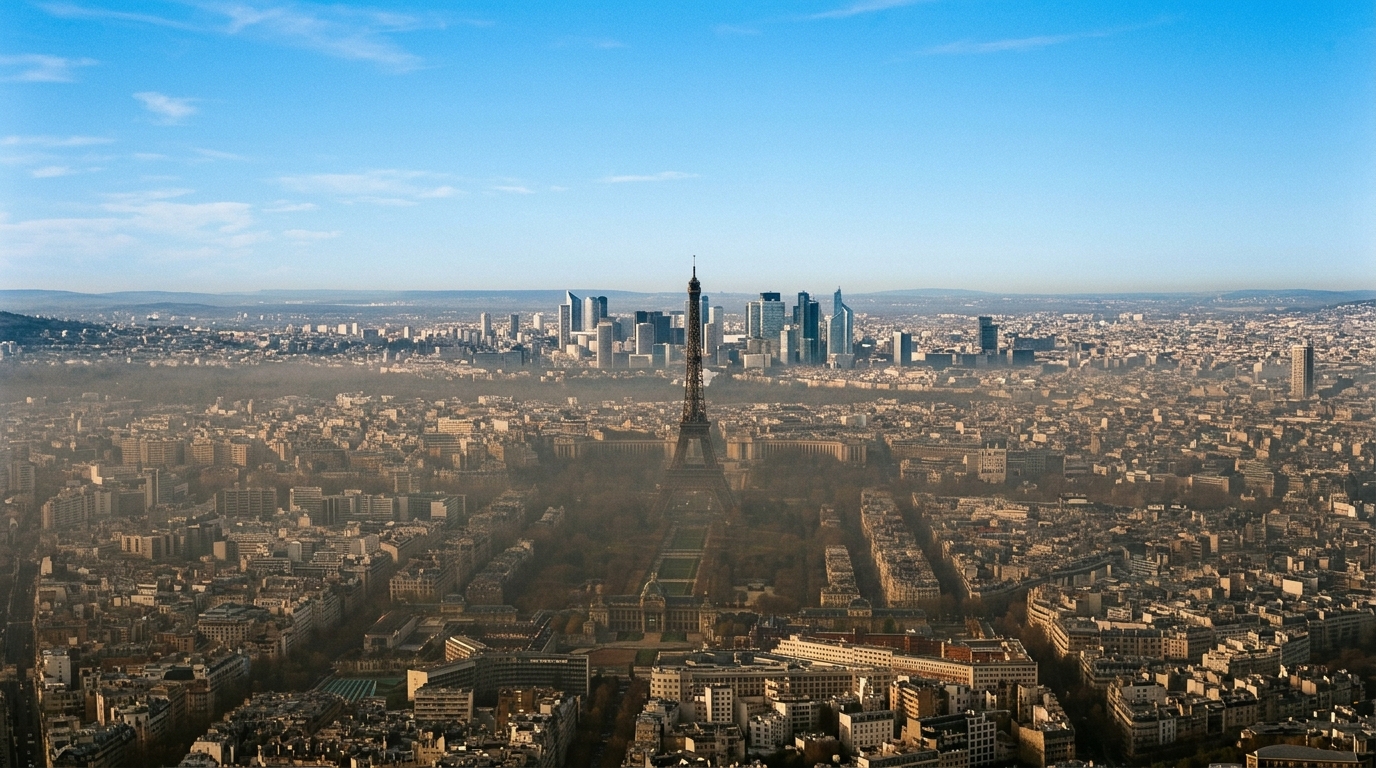 Phénomène d'inversion thermique piégeant la pollution au-dessus d'une métropole