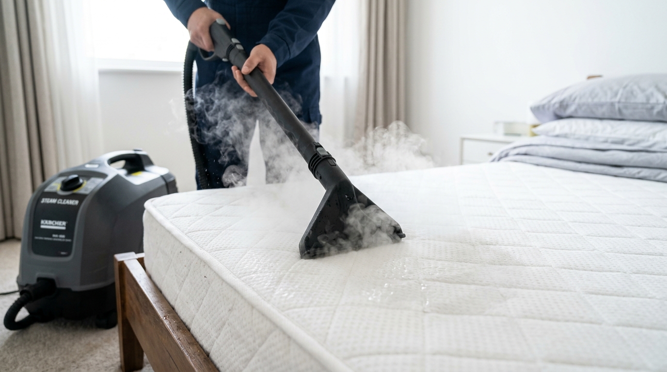 Désinfection d'un matelas à l'aide d'un nettoyeur vapeur professionnel