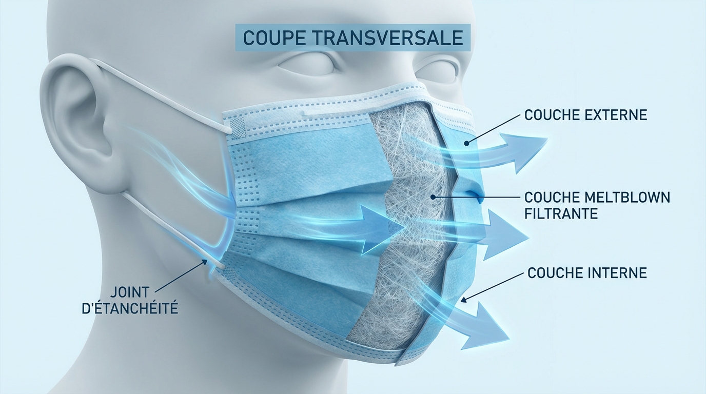 Schéma technique montrant la filtration de l'air à travers les couches du masque