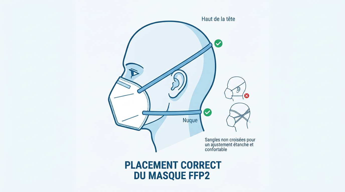 Schéma de positionnement des élastiques du masque FFP2 derrière la tête