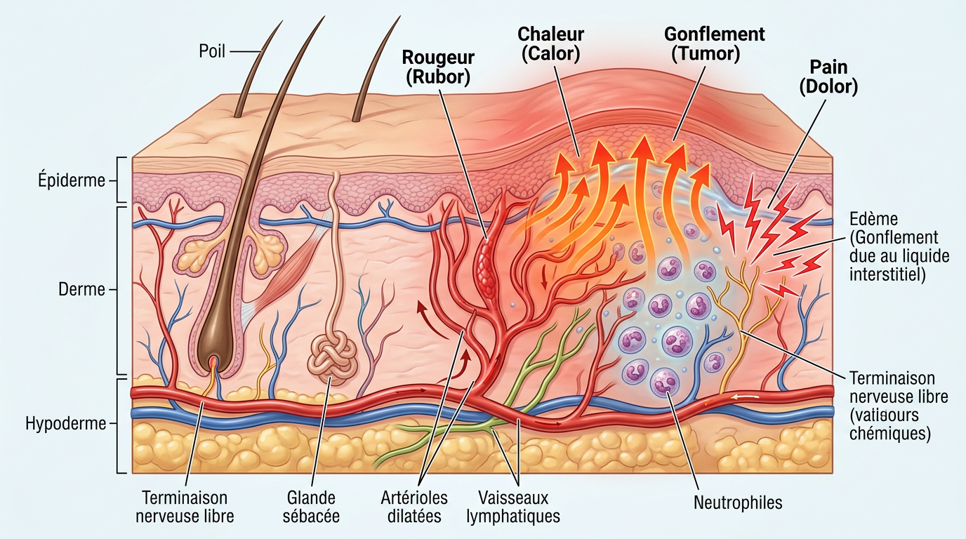 Illustration des signes d'inflammation et d'infection d'une plaie