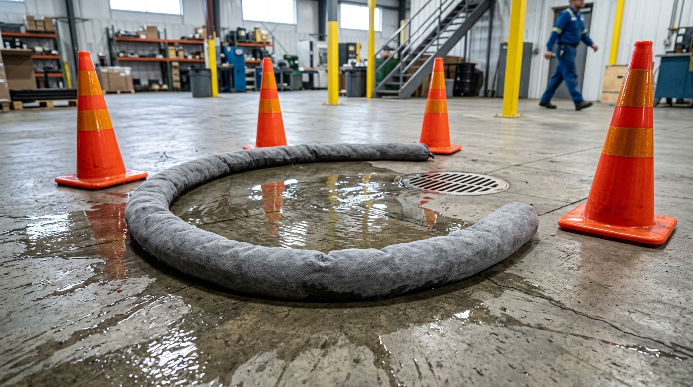 Boudin de barrage absorbant déployé pour protéger une bouche d'égout